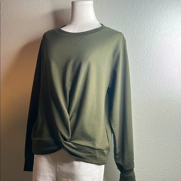 Michael Kors Olive | Army Green Twist Front Hem Pullover Lightweight‎ Sweatshirt - Picture 3 of 13